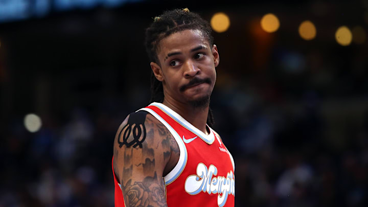 Apr 1, 2025; Memphis, Tennessee, USA; Memphis Grizzlies guard Ja Morant (12) looks on during the fourth quarter against the Golden State Warriors at FedExForum. Mandatory Credit: Petre Thomas-Imagn Images Apr 1, 2025; Memphis, Tennessee, USA; Memphis Grizzlies guard Ja Morant (12) looks on during the fourth quarter against the Golden State Warriors at FedExForum. Mandatory Credit: Petre Thomas-Imagn Images