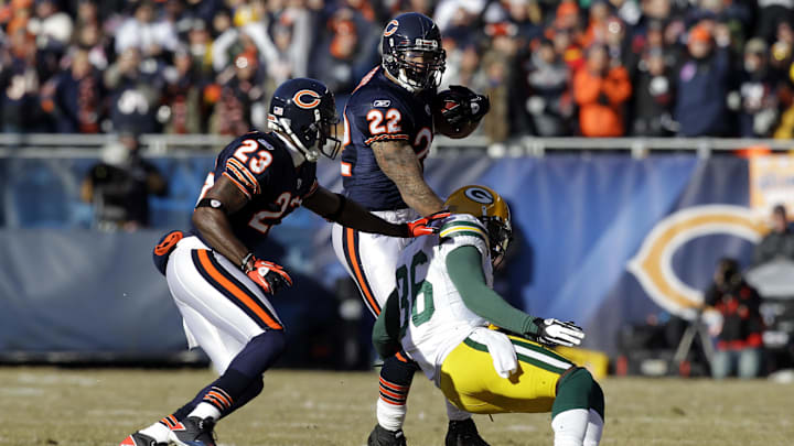 Jan 23, 2011; Chicago, IL, USA; Chicago Bears running back Matt Forte (22) carries the ball as wide receiver Devin Hester (23) blocks Green Bay Packers safety Nick Collins (36) during the first quarter of the 2011 NFC championship game at Soldier Field. Mandatory Credit: Jeff Hanisch-Imagn Images Jan 23, 2011; Chicago, IL, USA; Chicago Bears running back Matt Forte (22) carries the ball as wide receiver Devin Hester (23) blocks Green Bay Packers safety Nick Collins (36) during the first quarter of the 2011 NFC championship game at Soldier Field. Mandatory Credit: Jeff Hanisch-Imagn Images