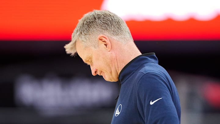 Dec 28, 2024; San Francisco, California, USA; Golden State Warriors head coach Steve Kerr reacts against the Phoenix Suns during the third quarter at Chase Center. Dec 28, 2024; San Francisco, California, USA; Golden State Warriors head coach Steve Kerr reacts against the Phoenix Suns during the third quarter at Chase Center.
