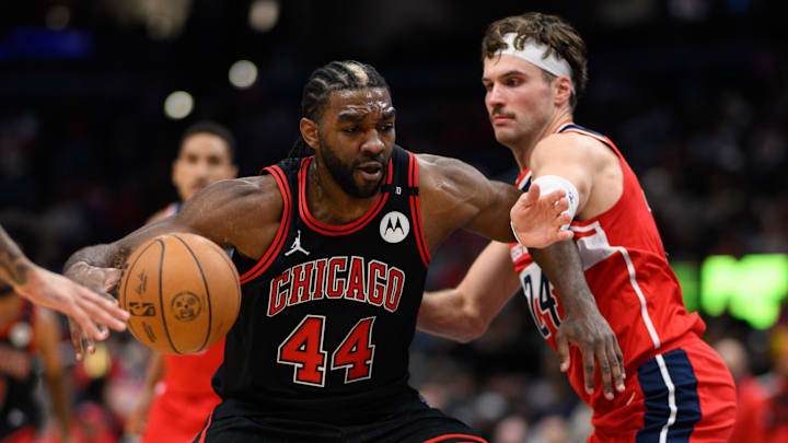 Jan 1, 2025; Washington, District of Columbia, USA; Chicago Bulls forward Patrick Williams (44) handles the ball during the third quarter against Washington Wizards forward Corey Kispert (24) at Capital One Arena. Mandatory Credit: Reggie Hildred-Imagn Images