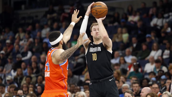 Memphis Grizzlies guard Luke Kennard (10) shoots for three during the second half against the Oklahoma City Thunder at FedExForum. Memphis Grizzlies guard Luke Kennard (10) shoots for three during the second half against the Oklahoma City Thunder at FedExForum.