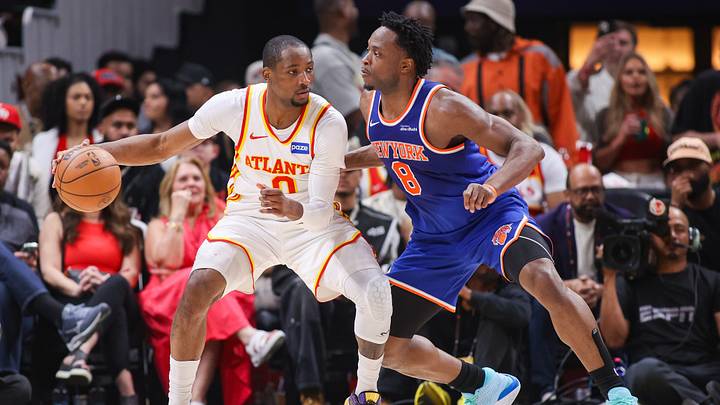 Apr 30, 2026; Atlanta, Georgia, USA; Atlanta Hawks forward Jonathan Kuminga (0) is defended by New York Knicks forward Og Anunoby (8) in the second quarter during game six of the first round of the 2026 NBA Playoffs at State Farm Arena. Mandatory Credit: Brett Davis-Imagn Images Apr 30, 2026; Atlanta, Georgia, USA; Atlanta Hawks forward Jonathan Kuminga (0) is defended by New York Knicks forward Og Anunoby (8) in the second quarter during game six of the first round of the 2026 NBA Playoffs at State Farm Arena. Mandatory Credit: Brett Davis-Imagn Images