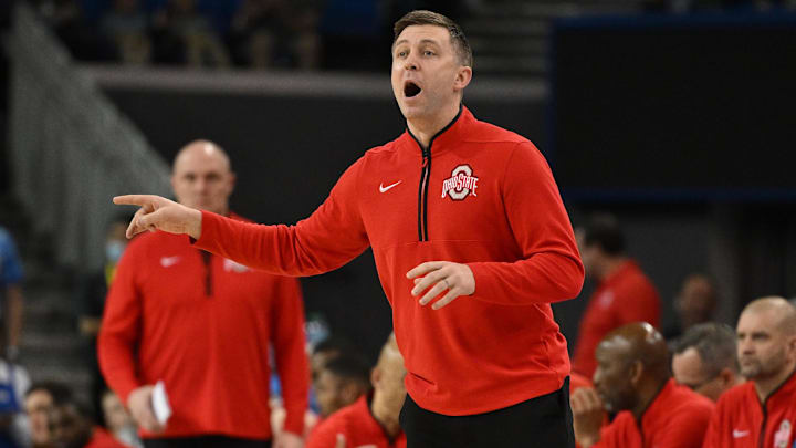 Feb 23, 2025; Los Angeles, California, USA; Ohio State Buckeyes head coach Jake Diebler yells to his players during the first half against the UCLA Bruins at Pauley Pavilion presented by Wescom. Mandatory Credit: Robert Hanashiro-Imagn Images