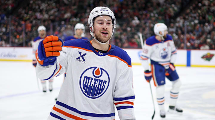 Edmonton Oilers left wing Andrew Mangiapane (88) celebrates his goal at Grand Casino Arena.