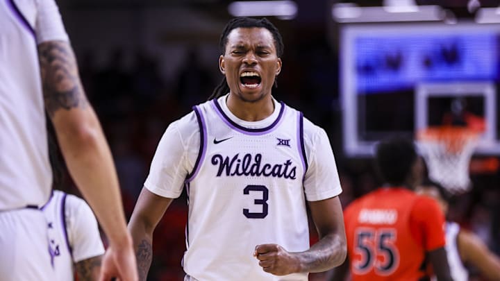 Mar 5, 2025; Cincinnati, Ohio, USA; Kansas State Wildcats guard C.J. Jones (3) reacts after a play against the Cincinnati Bearcats in the second half at Fifth Third Arena. Mandatory Credit: Katie Stratman-Imagn Images