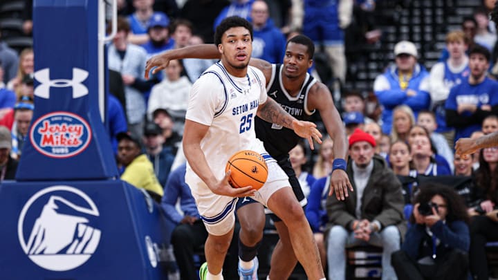 Feb 21, 2026; Newark, New Jersey, USA; Seton Hall Pirates center Najai Hines (25) steals the ball during the second half against the Georgetown Hoyas at Prudential Center. Mandatory Credit: Vincent Carchietta-Imagn Images