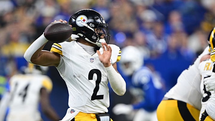 Sep 29, 2024; Indianapolis, Indiana, USA; Pittsburgh Steelers quarterback Justin Fields (2) throws a pass during the second half against the Indianapolis Colts at Lucas Oil Stadium. Mandatory Credit: Marc Lebryk-Imagn Images