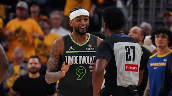 May 10, 2025; San Francisco, California, USA; Minnesota Timberwolves guard Nickeil Alexander-Walker (9) complains to referee Mitchell Ervin in the third quarter during game three in the second round of the 2025 NBA Playoffs at Chase Center. Mandatory Credit: David Gonzales-Imagn Images May 10, 2025; San Francisco, California, USA; Minnesota Timberwolves guard Nickeil Alexander-Walker (9) complains to referee Mitchell Ervin in the third quarter during game three in the second round of the 2025 NBA Playoffs at Chase Center. Mandatory Credit: David Gonzales-Imagn Images