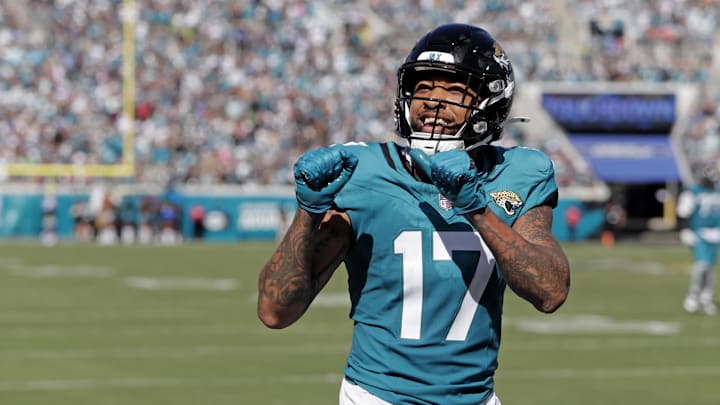 Oct 12, 2025; Jacksonville, Florida, USA; Jacksonville Jaguars wide receiver Tim Patrick (17) makes a touchdown during the second half against the Seattle Seahawks at EverBank Stadium. Mandatory Credit: Travis Register-Imagn Images