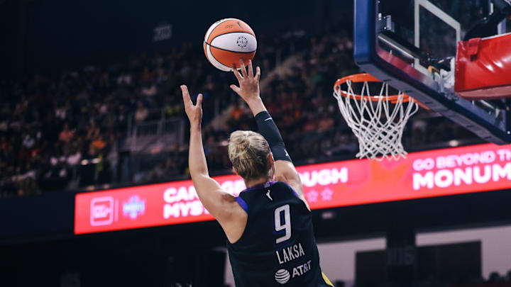 Jul 27, 2025; Washington, District of Columbia, USA; Phoenix Mercury guard Kitija Laksa (9) shoots the ball in the fourth quarter against the Washington Mystics at CareFirst Arena. Mandatory Credit: Emily Faith Morgan-Imagn Images