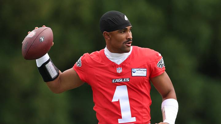 Jul 30, 2026; Philadelphia, PA, USA; Philadelphia Eagles quarterback Jalen Hurts (1) during training camp at Jefferson Health Training Complex. Mandatory Credit: Bill Streicher-Imagn Images