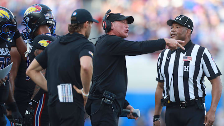 Kansas Jayhawks head coach Lance Leipold yells at officials during the first half of the game against West Virginia Mountaineers at David Booth Kansas Memorial Stadium on Sept. 20, 2025.