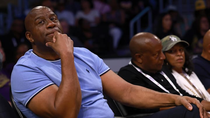 May 18, 2025; Los Angeles, California, USA;  Magic Johnson attends a WNBA game between the Los Angeles Sparks and the Minnesota Lynx at Crypto.com Arena. Mandatory Credit: Kiyoshi Mio-Imagn Images