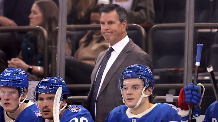 Oct 20, 2025; New York, New York, USA; New York Rangers head coach Mike Sullivan reacts during the first period against the Minnesota Wild at Madison Square Garden. Mandatory Credit: Brad Penner-Imagn Images