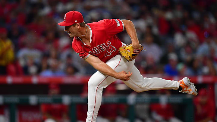 Los Angeles Angels pitcher Ben Joyce (44) throws against the Atlanta Braves during the eighth inning at Angel Stadium in 2024.