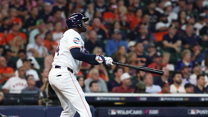 Oct 1, 2024; Houston, Texas, USA; Houston Astros outfielder Yordan Alvarez (44) hits a double in the ninth inning against the Detroit Tigers in game one of the Wild Card round for the 2024 MLB Playoffs at Minute Maid Park. Mandatory Credit: Troy Taormina-Imagn Images