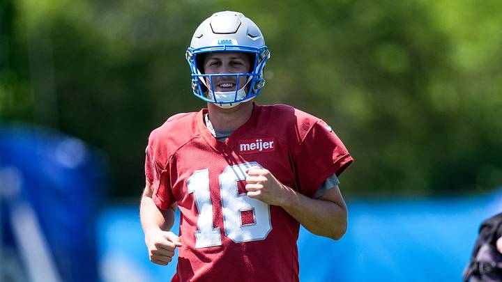 Detroit Lions quarterback Jared Goff (16) during OTAs at Meijer Performance Center in Allen Park on Friday, May 29, 2026.