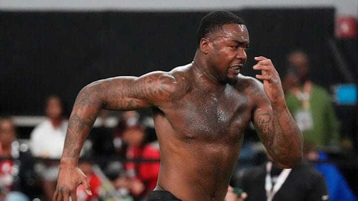 Former Georgia defensive lineman Mykel Williams runs a drill during UGA Footballs Pro Day in Athens, Ga., on Wednesday, March 12, 2025. Representatives from all 32 NFL teams are on hand to watch former UGA football players in action.