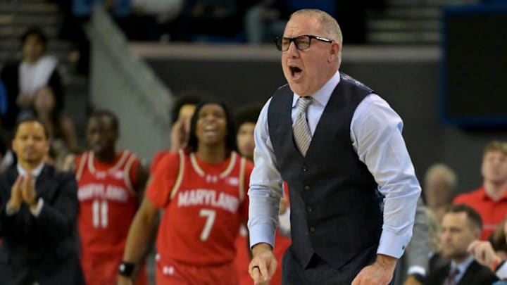Jan 10, 2026; Los Angeles, California, USA;  Maryland Terrapins head coach Buzz Williams instructs players on the court during the second half against the UCLA Bruins at Pauley Pavilion presented by Wescom Financial. Mandatory Credit: Jayne Kamin-Oncea-Imagn Images