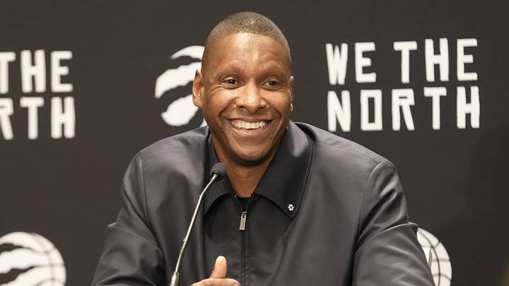 Oct 2, 2023; Toronto, ON, Canada; Toronto Raptors president Masai Ujiri smiles after a question by the media during Media Day at the Hilton Toronto. Mandatory Credit: John E. Sokolowski-Imagn Images Oct 2, 2023; Toronto, ON, Canada; Toronto Raptors president Masai Ujiri smiles after a question by the media during Media Day at the Hilton Toronto. Mandatory Credit: John E. Sokolowski-Imagn Images
