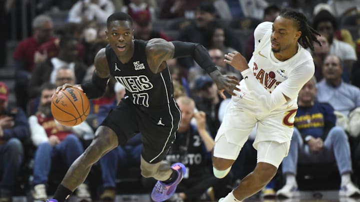 Nov 9, 2024; Cleveland, Ohio, USA; Brooklyn Nets guard Dennis Schroder (17) brings the ball up court beside Cleveland Cavaliers guard Darius Garland (10) in the first quarter at Rocket Mortgage FieldHouse. Mandatory Credit: David Richard-Imagn Images Nov 9, 2024; Cleveland, Ohio, USA; Brooklyn Nets guard Dennis Schroder (17) brings the ball up court beside Cleveland Cavaliers guard Darius Garland (10) in the first quarter at Rocket Mortgage FieldHouse. Mandatory Credit: David Richard-Imagn Images