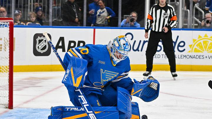 Oct 10, 2026; St. Louis, Missouri, USA; St. Louis Blues goaltender Jordan Binnington (50) defends the net against the Columbus Blue Jackets during the third period at Enterprise Center. Mandatory Credit: Jeff Curry-Imagn Images
