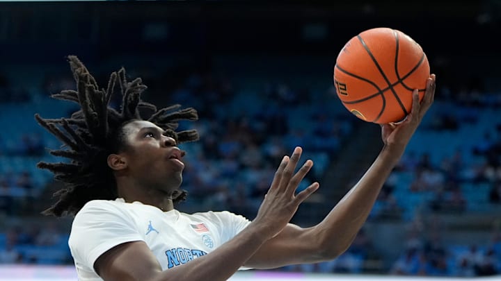 Nov 4, 2024; Chapel Hill, North Carolina, USA;  North Carolina Tar Heels guard Ian Jackson (11) shoots in the second half at Dean E. Smith Center. Mandatory Credit: Bob Donnan-Imagn Images
