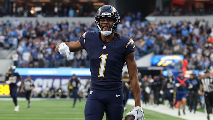 Dec 27, 2025; Inglewood, California, USA;  Los Angeles Chargers wide receiver Quentin Johnston (1) reacts after making a 60-yard reception against the Houston Texans during the first half at SoFi Stadium. Mandatory Credit: Kiyoshi Mio-Imagn Images
