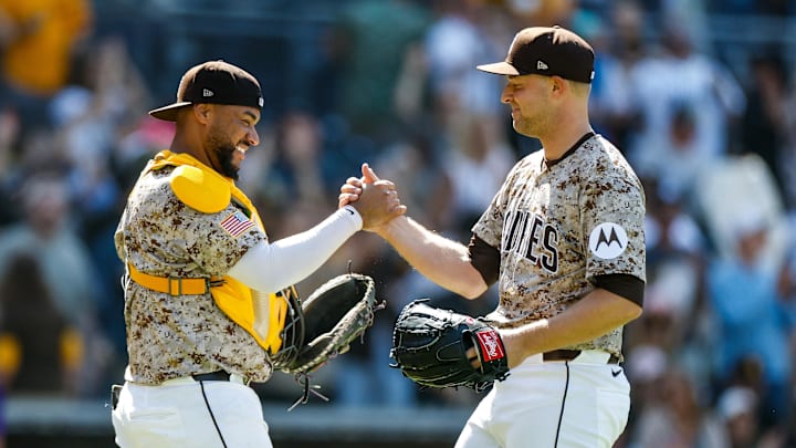 Apr 13, 2025; San Diego, California, USA; San Diego Padres starting pitcher Michael King (34) celebrates with San Diego Padres catcher Elias Diaz (17) after throwing a complete-game two hit shutout against the Colorado Rockies at Petco Park. Mandatory Credit: David Frerker-Imagn Images