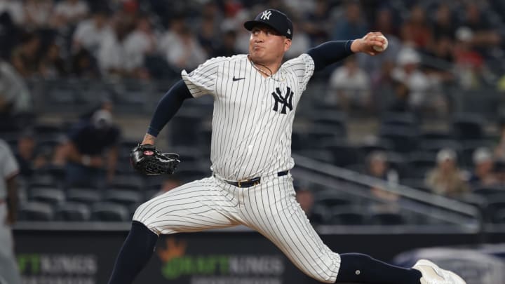 Jun 6, 2024; Bronx, New York, USA; New York Yankees relief pitcher Victor Gonzalez (47) delivers a pitch during the sixth inning against the Minnesota Twins at Yankee Stadium. Mandatory Credit: Vincent Carchietta-USA TODAY Sports Jun 6, 2024; Bronx, New York, USA; New York Yankees relief pitcher Victor Gonzalez (47) delivers a pitch during the sixth inning against the Minnesota Twins at Yankee Stadium. Mandatory Credit: Vincent Carchietta-USA TODAY Sports