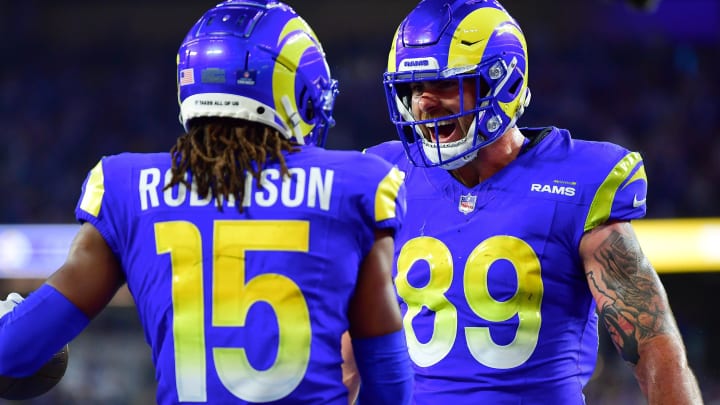 Dec 21, 2023; Inglewood, California, USA; Los Angeles Rams wide receiver Demarcus Robinson (15) celebrates his touchdown scored against the New Orleans Saints with tight end Tyler Higbee (89) during the first half at SoFi Stadium. Mandatory Credit: Gary A. Vasquez-USA TODAY Sports