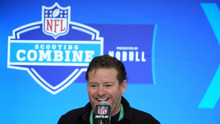 Feb 27, 2024; Indianapolis, IN, USA; Seattle Seahawks general manager John Schneider speaks at a press conference at the NFL Scouting Combine at Indiana Convention Center.