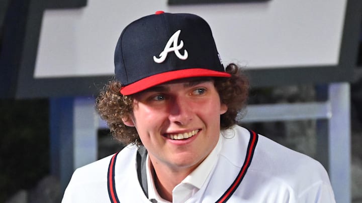 Jul 17, 2022; Los Angeles, CA, USA;  JR Ritchie wears his jersey after he was selected by the Atlanta Braves as the 35th pick of the MLB draft at XBox Plaza at LA Live. Mandatory Credit: Jayne Kamin-Oncea-Imagn Images