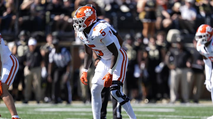 Oct 12, 2024; Winston-Salem, North Carolina, USA; Clemson Tigers safety Sherrod Covil Jr. (5) during the first half against the Wake Forest Demon Deacons at Allegacy Federal Credit Union Stadium. Mandatory Credit: Jim Dedmon-Imagn Images