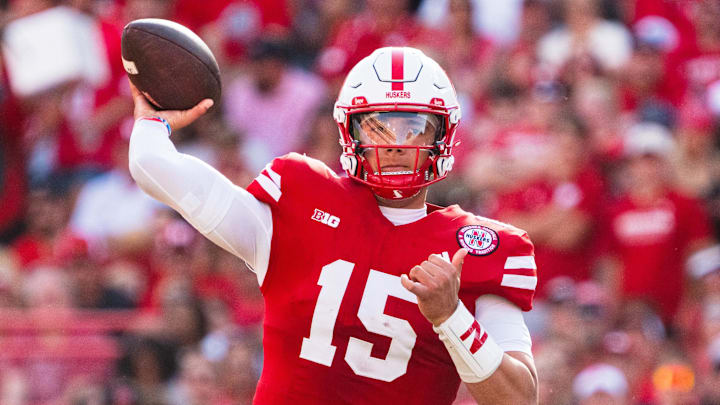 Oct 5, 2024; Lincoln, Nebraska, USA; Nebraska Cornhuskers quarterback Dylan Raiola (15) throws a pass against the Rutgers Scarlet Knights during the second quarter at Memorial Stadium.