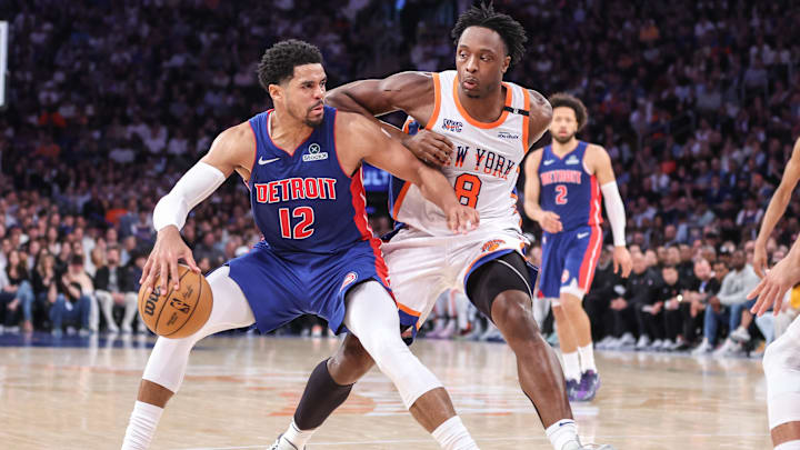 Apr 29, 2025; New York, New York, USA; Detroit Pistons forward Tobias Harris (12) drives against New York Knicks forward OG Anunoby (8) in the second quarter during game five of first round for the 2025 NBA Playoffs at Madison Square Garden. Mandatory Credit: Wendell Cruz-Imagn Images Apr 29, 2025; New York, New York, USA; Detroit Pistons forward Tobias Harris (12) drives against New York Knicks forward OG Anunoby (8) in the second quarter during game five of first round for the 2025 NBA Playoffs at Madison Square Garden. Mandatory Credit: Wendell Cruz-Imagn Images