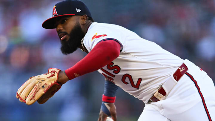 Jul 27, 2024; Anaheim, California, USA; Los Angeles Angels second baseman Luis Rengifo (2) fields a ball against the Oakland Athletics during the second inning at Angel Stadium. Mandatory Credit: Jonathan Hui-Imagn Images Jul 27, 2024; Anaheim, California, USA; Los Angeles Angels second baseman Luis Rengifo (2) fields a ball against the Oakland Athletics during the second inning at Angel Stadium. Mandatory Credit: Jonathan Hui-Imagn Images