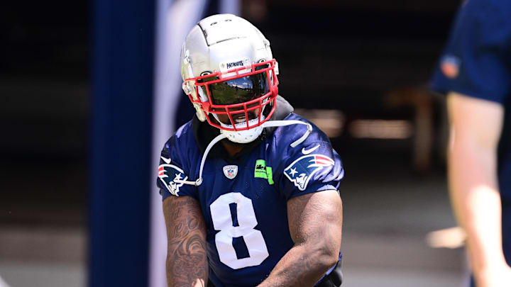 Jun 10, 2024; Foxborough, MA, USA; New England Patriots linebacker Ja'Whaun Bentley (8) walks to the practice fields for minicamp at Gillette Stadium. Mandatory Credit: Eric Canha-Imagn Images
