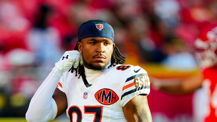 Aug 22, 2025; Kansas City, Missouri, USA; Chicago Bears wide receiver Luther Burden III (87) takes the field prior to a game against the Kansas City Chiefs at GEHA Field at Arrowhead Stadium. Mandatory Credit: Jay Biggerstaff-Imagn Images
