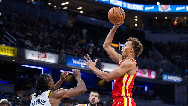 Oct 10, 2026; Indianapolis, Indiana, USA; Atlanta Hawks guard Dyson Daniels (5) shoots the ball while Indiana Pacers guard Aaron Nesmith (23) defends in the second half at Gainbridge Fieldhouse. Mandatory Credit: Trevor Ruszkowski-Imagn Images Oct 10, 2026; Indianapolis, Indiana, USA; Atlanta Hawks guard Dyson Daniels (5) shoots the ball while Indiana Pacers guard Aaron Nesmith (23) defends in the second half at Gainbridge Fieldhouse. Mandatory Credit: Trevor Ruszkowski-Imagn Images