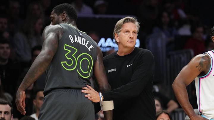 Mar 7, 2025; Miami, Florida, USA; Minnesota Timberwolves head coach Chris Finch greets forward Julius Randle (30) as he goes to the bench during the first half against the Miami Heat at Kaseya Center. Mandatory Credit: Jim Rassol-Imagn Images Mar 7, 2025; Miami, Florida, USA; Minnesota Timberwolves head coach Chris Finch greets forward Julius Randle (30) as he goes to the bench during the first half against the Miami Heat at Kaseya Center. Mandatory Credit: Jim Rassol-Imagn Images