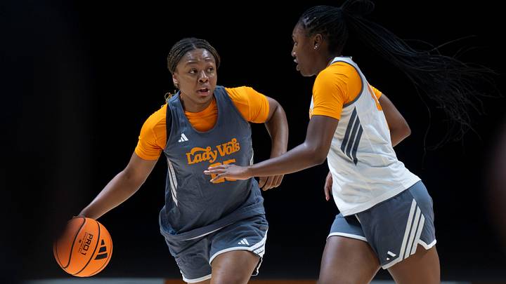 Tennessee Lady Vols basketball players Naomi White (25) and Gabby Minus (4) during practice on August 3, 2026, in Knoxville, Tennessee. Tennessee Lady Vols basketball players Naomi White (25) and Gabby Minus (4) during practice on August 3, 2026, in Knoxville, Tennessee.