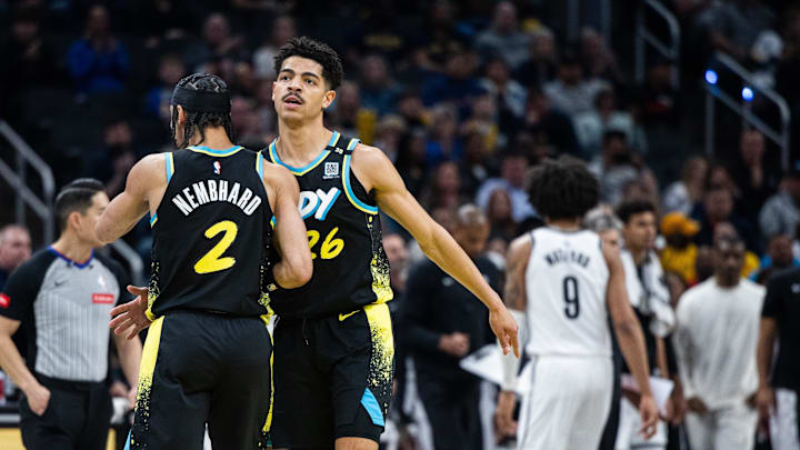 Mar 16, 2024; Indianapolis, Indiana, USA;  Indiana Pacers guard Ben Sheppard (26) celebrates with