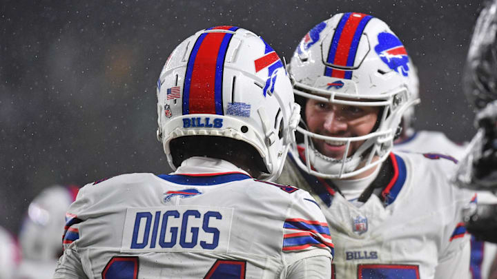 Nov 26, 2023; Philadelphia, Pennsylvania, USA; Buffalo Bills wide receiver Stefon Diggs (14) celebrates his touchdown with quarterback Josh Allen (17) against the Philadelphia Eagles during the second quarter at Lincoln Financial Field. Mandatory Credit: Eric Hartline-Imagn Images