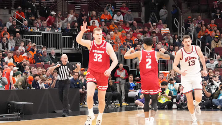 Mar 13, 2026; Chicago, IL, USA; Wisconsin Badgers forward Aleksas Bieliauskas (32) after making a three point basket during the first half at United Center. Mandatory Credit: David Banks-Imagn Images
