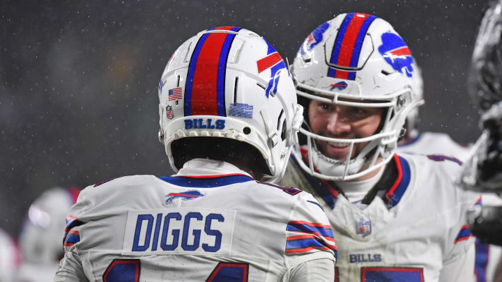 Nov 26, 2023; Philadelphia, Pennsylvania, USA; Buffalo Bills wide receiver Stefon Diggs (14) celebrates his touchdown with quarterback Josh Allen (17) against the Philadelphia Eagles during the second quarter at Lincoln Financial Field. Mandatory Credit: Eric Hartline-USA TODAY Sports