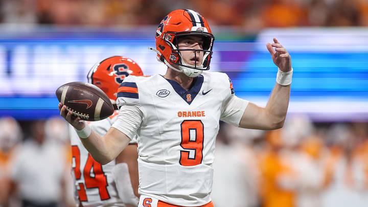 Aug 30, 2025; Atlanta, Georgia, USA; Syracuse Orange quarterback Steve Angeli (9) reacts during a timeout against the Tennessee Volunteers in the first quarter at Mercedes-Benz Stadium. Mandatory Credit: Brett Davis-Imagn Images