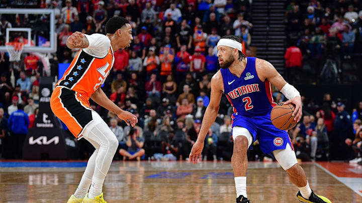 Dec 28, 2025; Inglewood, California, USA; Detroit Pistons guard Cade Cunningham (2) controls the ball against Los Angeles Clippers guard Jordan Miller (22) during the second half at Intuit Dome. Mandatory Credit: Gary A. Vasquez-Imagn Images