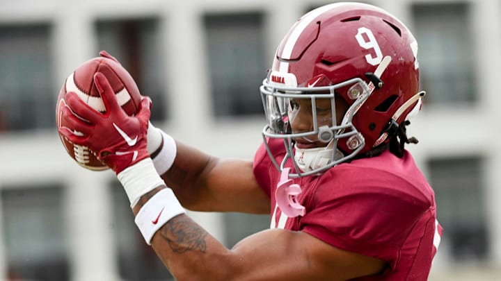 Mar 21, 2024; Tuscaloosa, Alabama, USA; Defensive back Jaylen Mbakwe snags a pass during practice at the University Alabama Thursday.