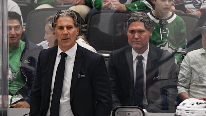 May 3, 2025; Dallas, Texas, USA; Colorado Avalanche head coach Jared Bednar during the game between the Dallas Stars and the Colorado Avalanche in game seven of the first round of the 2025 Stanley Cup Playoffs at American Airlines Center. Mandatory Credit: Jerome Miron-Imagn Images